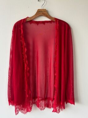 Red Sheer Lace-Trim Robe by